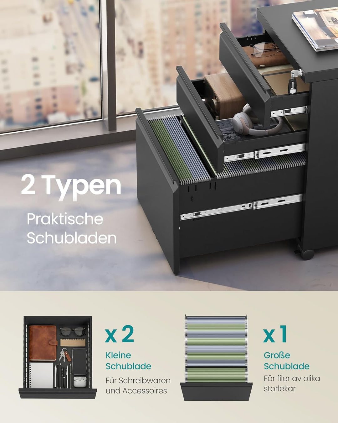 SONGMICS Aktenschrank mit 3 Schubladen, Rollcontainer, Metallschrank, Stahl, abschliessbar, Druckers
