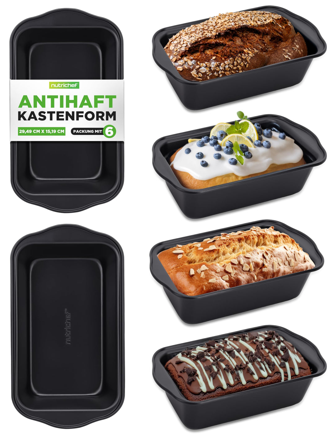 NutriChef 6er-Set Kastenformen – Premium Antihaft-Brotbackformen aus lebensmittelechtem Karbonstahl