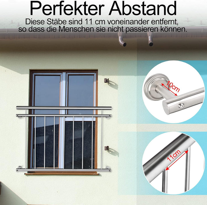 Aufun Französischer Balkon Edelstahl Geländer 128 x 90 cm Terrassengeländer mit 9 Füllstäben, Balkon
