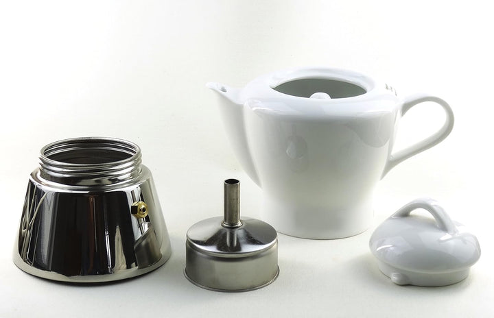 Moka Consorten Italienischer Espressokocher »Nicole« | Edelstahl und weisses Porzellan | Höhe: 16 cm