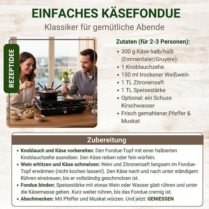 Syntrox Raclette Fondue 2in1 für 8 Personen, 1400 W, antihaft Grillplatte, 8 Pfännchen, 1,4 l Fondue