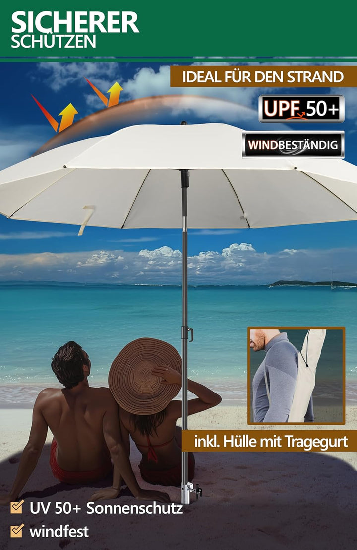 4smile Sonnenschirm Strand 3-in-1 Set, Ø 180 cm, Beige, Strandschirm Windfest Stabil, UV50 Sonnensch