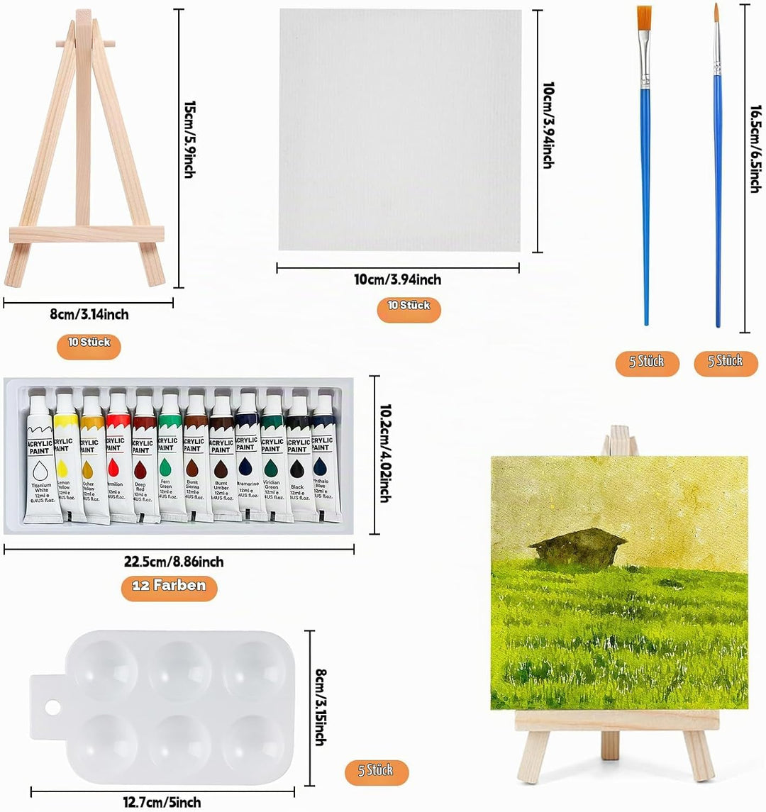 47 Stück Mini Leinwand mit Staffelei, Tischstaffelei Set, Leinwand 10x10cm mit 12 Farbige Acrylfarbe