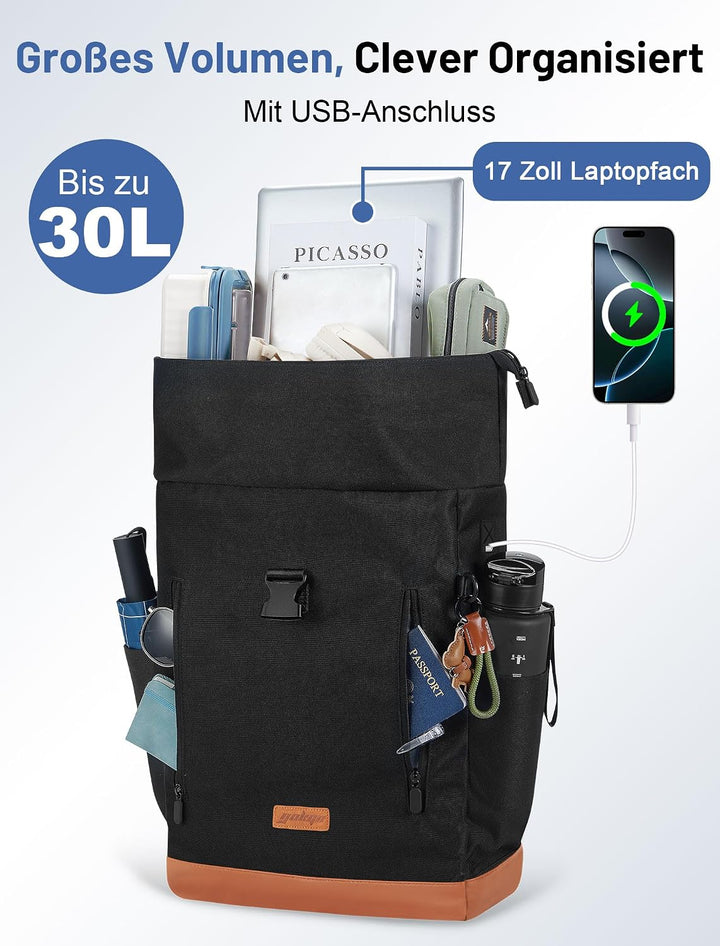 Rucksack Damen &amp; Herren, 24-30L Rolltop Rucksack Laptoprucksack mit 17 Zoll Laptopfach &amp; USB Anschlu