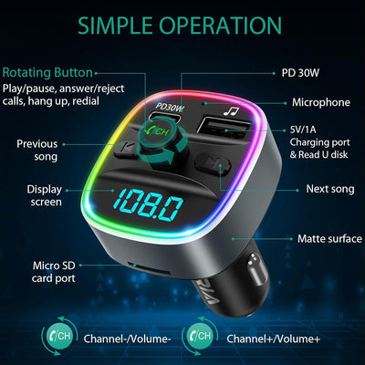 ORIA Bluetooth FM Transmitter Auto, Autoradio Adapter, Bluetooth 5.3 Car Kit PD 30W Schnelles Laden,