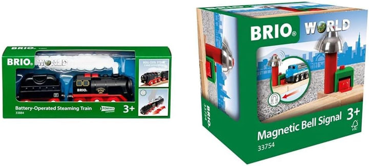 BRIO World 33884 Batterie-Dampflok mit Wassertank & World 33754 Magnetisches Glockensignal - Eisenba