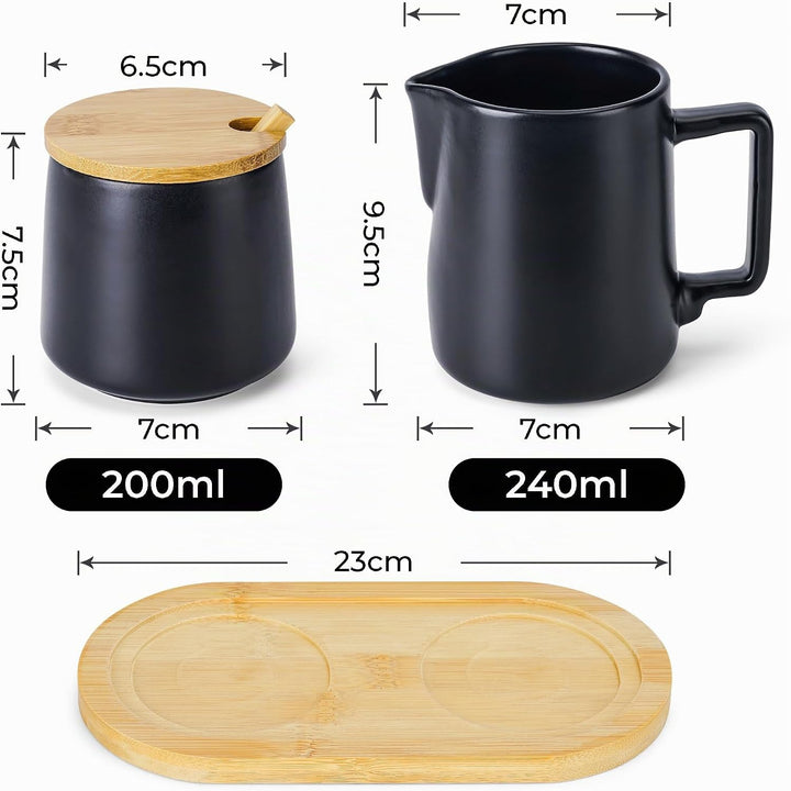 MIAMIO - Milch und Zucker Set mit Deckel und Löffel/Keramik Milchkännchen mit Holz Tablett - Mikrowe