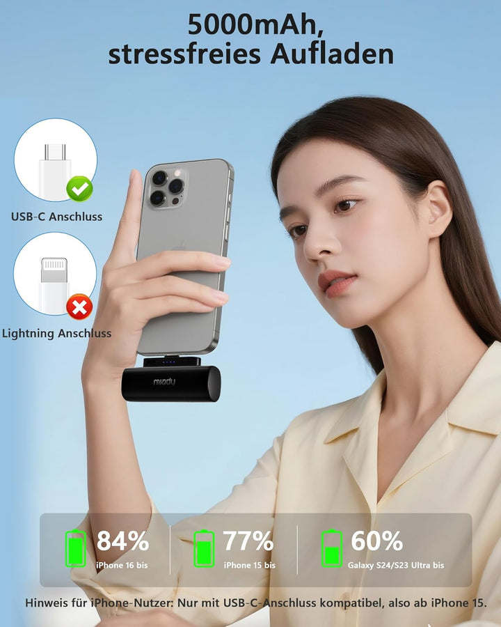 [2 Stück] Miady Mini Power Bank Klein Aber Stark, 5000mAh 5V/2.4A USB C Ausgang Externer Akkus, Komp