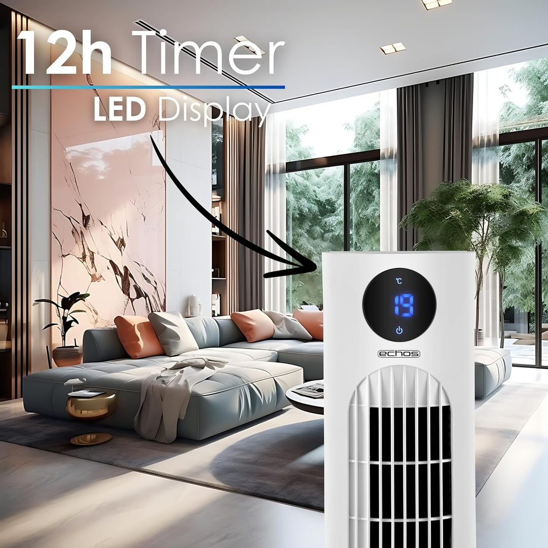 Echos Turmventilator | Ventilator sehr leise | Fernbedienung | Oszillierend | LED-Display | 3 Stufen