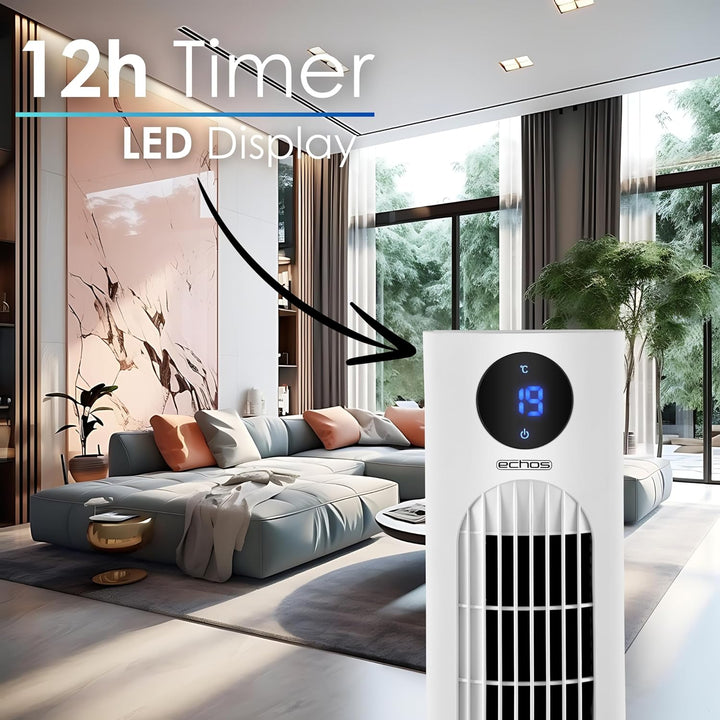 Echos Turmventilator | Ventilator sehr leise | Fernbedienung | Oszillierend | LED-Display | 3 Stufen