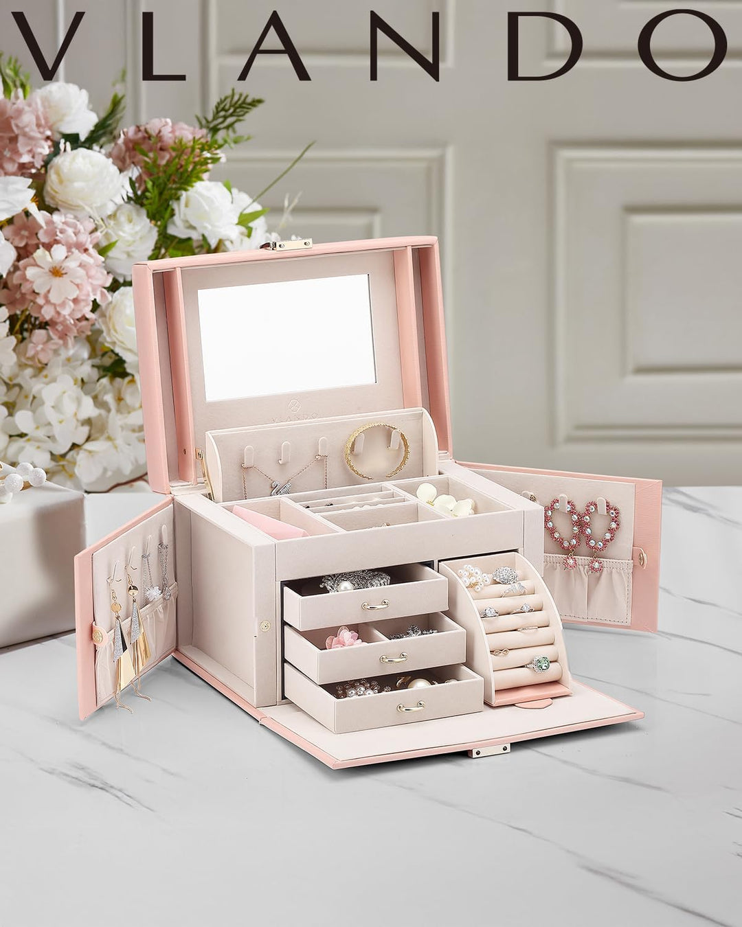 Vlando Faux Leather Jewellery Box, Hochleistungs-Schmuck-Organizer Aufbewahrungsbox mit 3 Schubladen