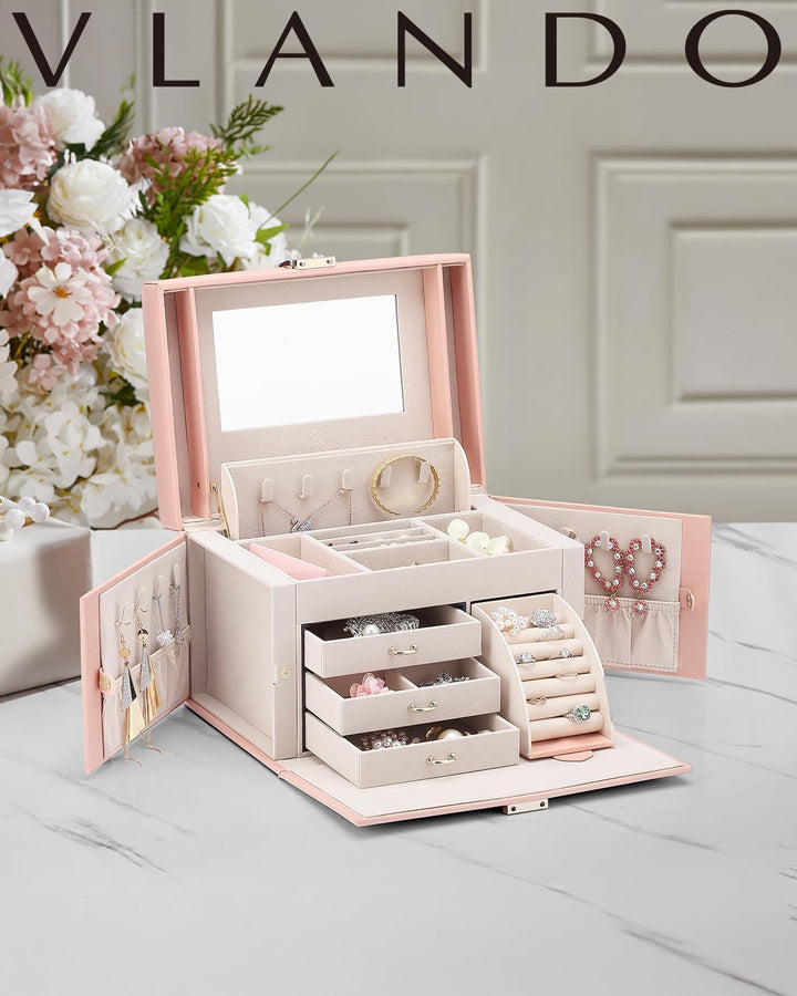 Vlando Faux Leather Jewellery Box, Hochleistungs-Schmuck-Organizer Aufbewahrungsbox mit 3 Schubladen