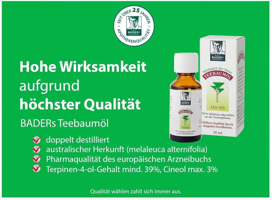 BADERs Teebaumöl. Der Klassiker aus der Apotheke. Doppelt destilliert. Desinfizierend. 100% australi