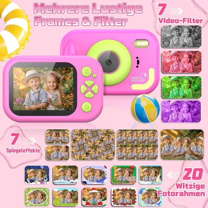 Kinderkamera, 1080P Unterwasserkamera Kinder mit 2,4 Zoll Bildschirm, 32GB-Karte, Notfall-LED-Blitz,