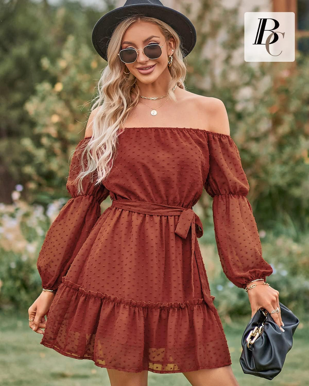 BebreezChic Kleid Damen Elegant Langarm Off Shoulder Einfarbig Swiss Dot Luftig Sommerkleid Miniklei
