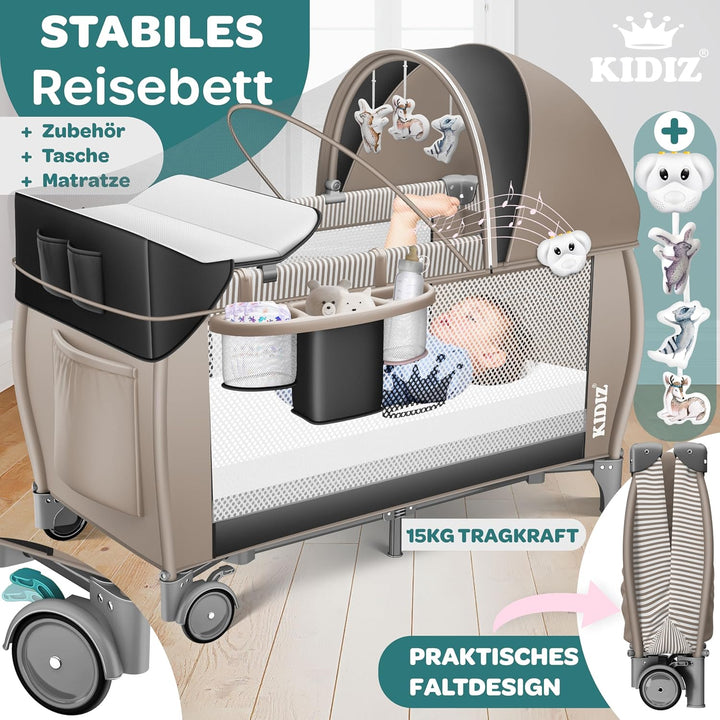 Kidiz® Babybett Reisebett Kinderreisebett klappbar mit Matratze & Räder 120x60, Seiteneingang, Wicke