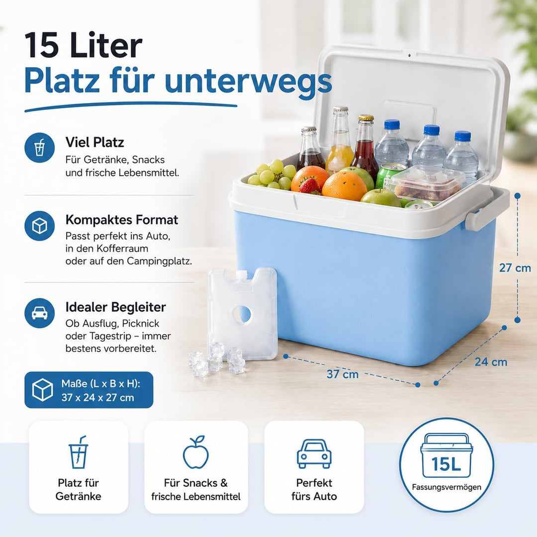 Kühlbox 15 Liter mit mobilen Kühlakku/Kühlelement für extra Lange Kühlung - Kühltasche/Thermobox Bla