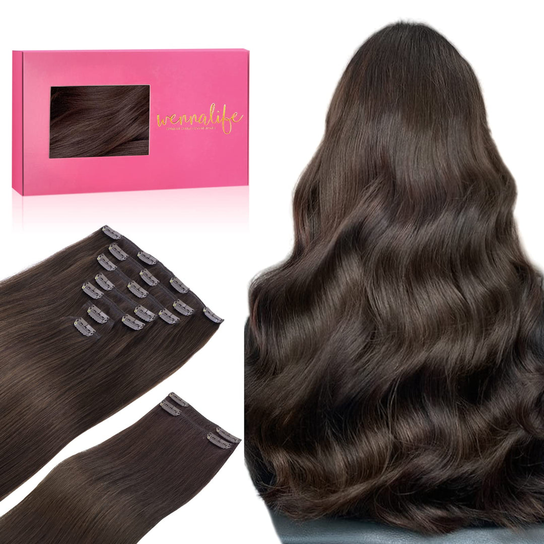 WENNALIFE Haarverlängerung mit Clip, Naturhaar, 150 g, 35 cm, 9 Stück, Dunkelbraun, Hellbraun, Exten