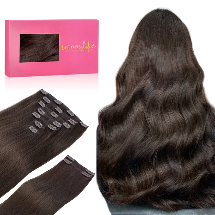 WENNALIFE Haarverlängerung mit Clip, Naturhaar, 150 g, 35 cm, 9 Stück, Dunkelbraun, Hellbraun, Exten