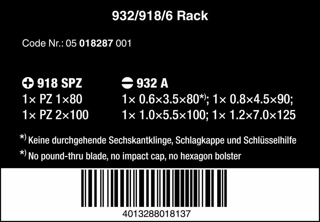 Wera Schraubendrehersatz 932/918/6 Kraftform Plus: Der Schraubmeissel + Rack, 6-teilig, 05018287001,