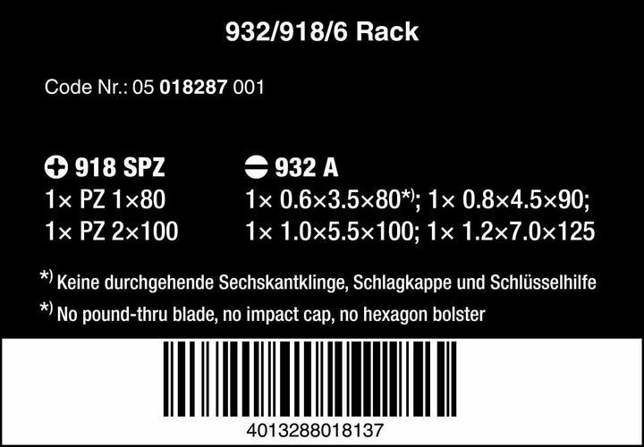 Wera Schraubendrehersatz 932/918/6 Kraftform Plus: Der Schraubmeissel + Rack, 6-teilig, 05018287001,
