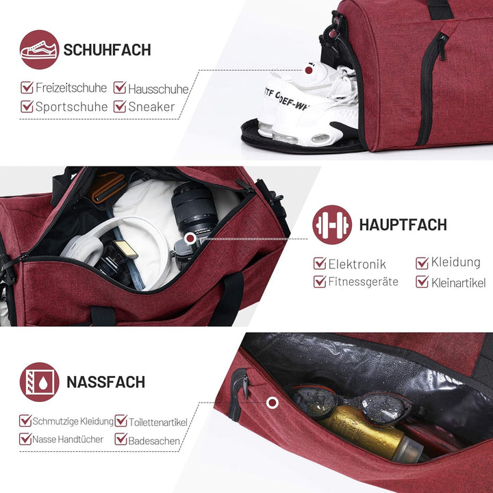 Sporttaschen für Damen und Herren, 25L Reisetasche Duffel Bag Übernachtungstasche mit Schuhfach &amp; Na