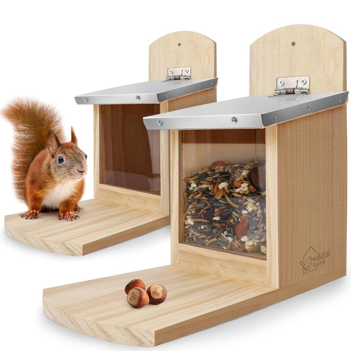 WILDLIFE HOME Eichhörnchen Futterhaus mit Metalldach 2er Set I Futterstation aus verschraubtem Massi