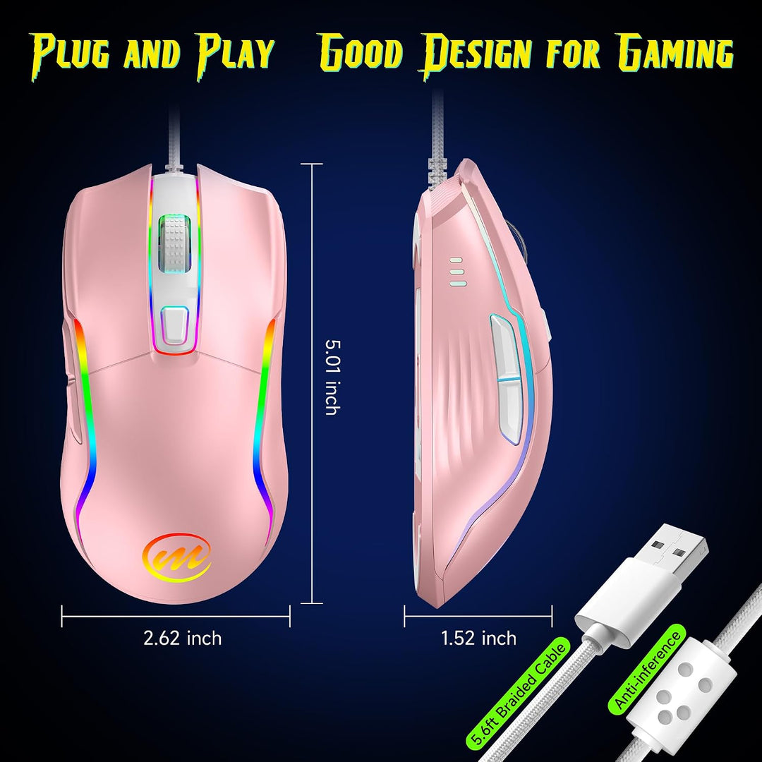 memzuoix Gaming Maus mit Kabel und LED-Lichtern – 12.800 DPI einstellbar, 6 Tasten, 12 RGB-Modi, Erg