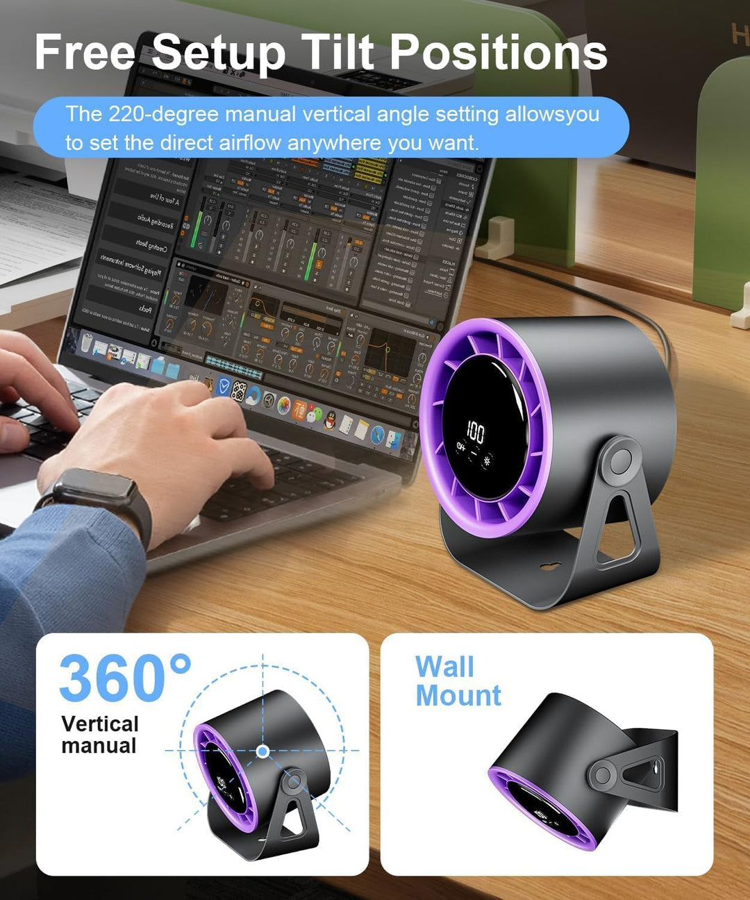 Macchiatto Tischventilator USB mit Akku, Leiser Mini Ventilator, 4 Geschwindigkeiten, 360° Verstellb