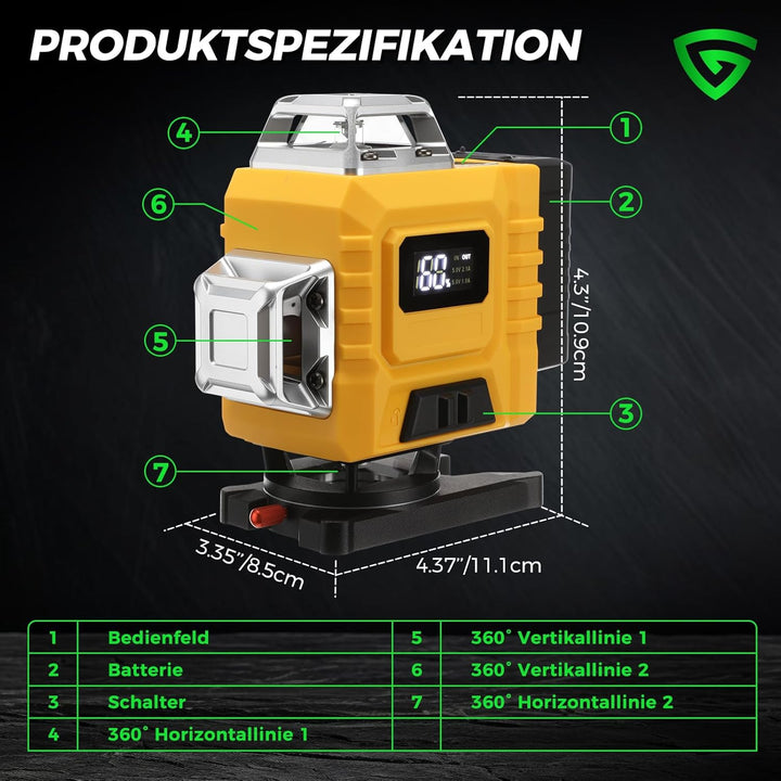 Kreuzlinienlaser Grün 16 Linien 4×360° – Selbstnivellierende Laser Wasserwaage, Horizontal & Vertika