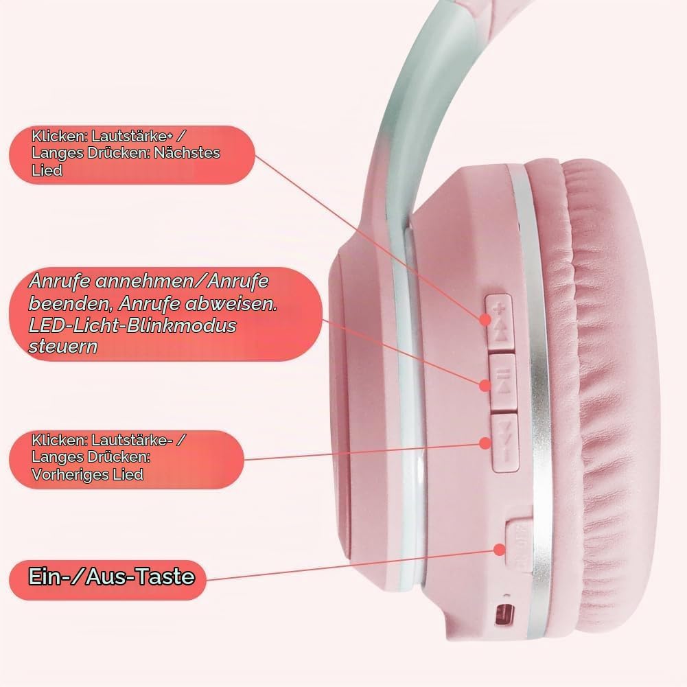 Kinder Bluetooth Kopfhörer, Katzenohr LED Lichter, Bluetooth 5.3 Stereo, Verstellbares Kopfband, 85d