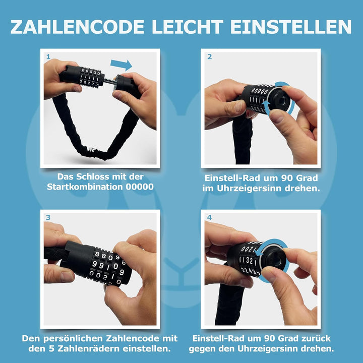 WIDDER Sicheres 8mm Kettenschloss mit Zahlencode (120cm lang, extra-grosse Zahlenräder, gehärtete St