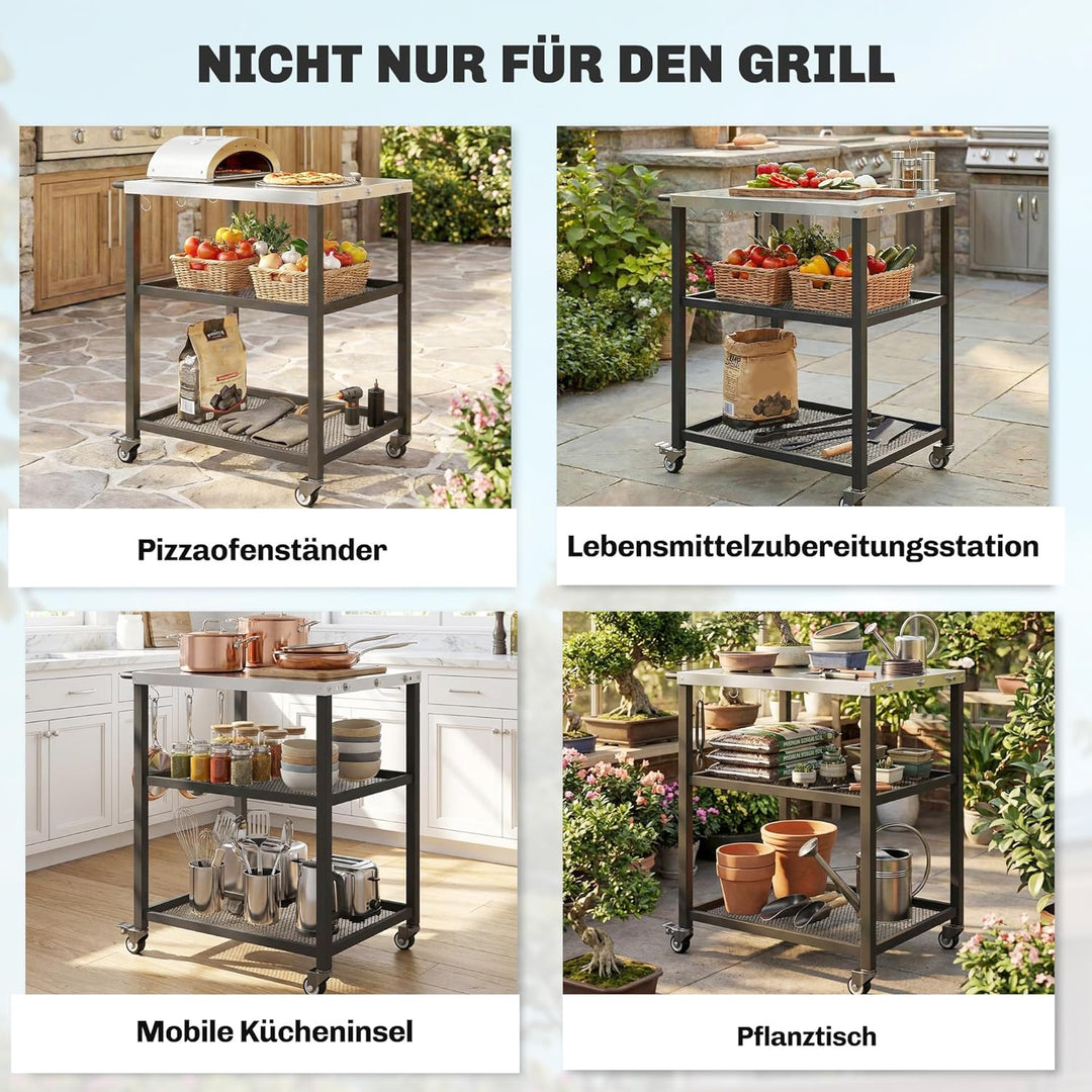 Outsunny Grillwagen 3-Etagen Servierwagen mit Arbeitsfläche verstellbar Ablagen Haken Räder, BBQ Gri