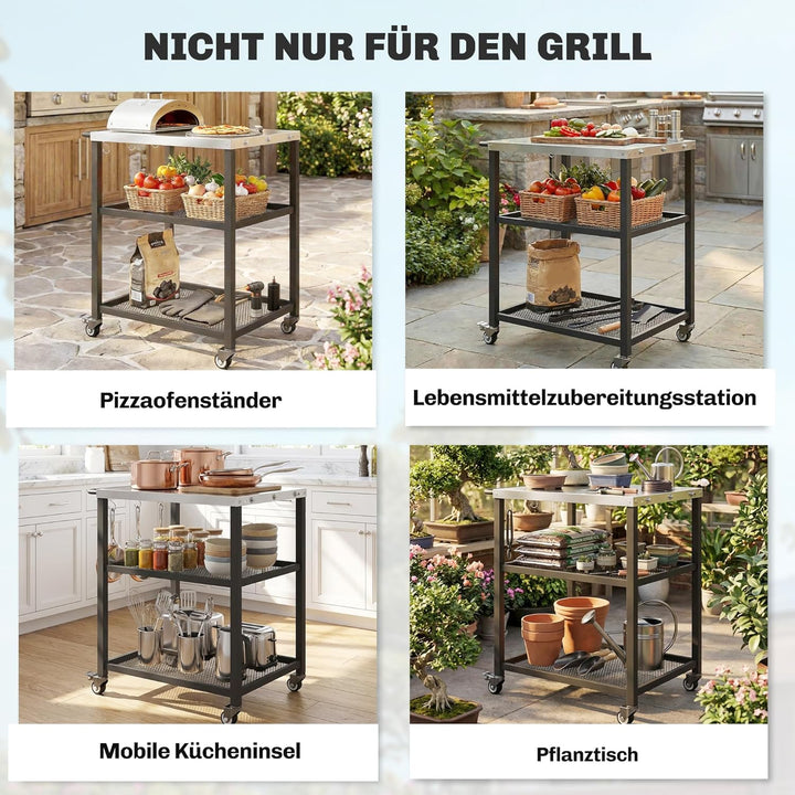 Outsunny Grillwagen 3-Etagen Servierwagen mit Arbeitsfläche verstellbar Ablagen Haken Räder, BBQ Gri