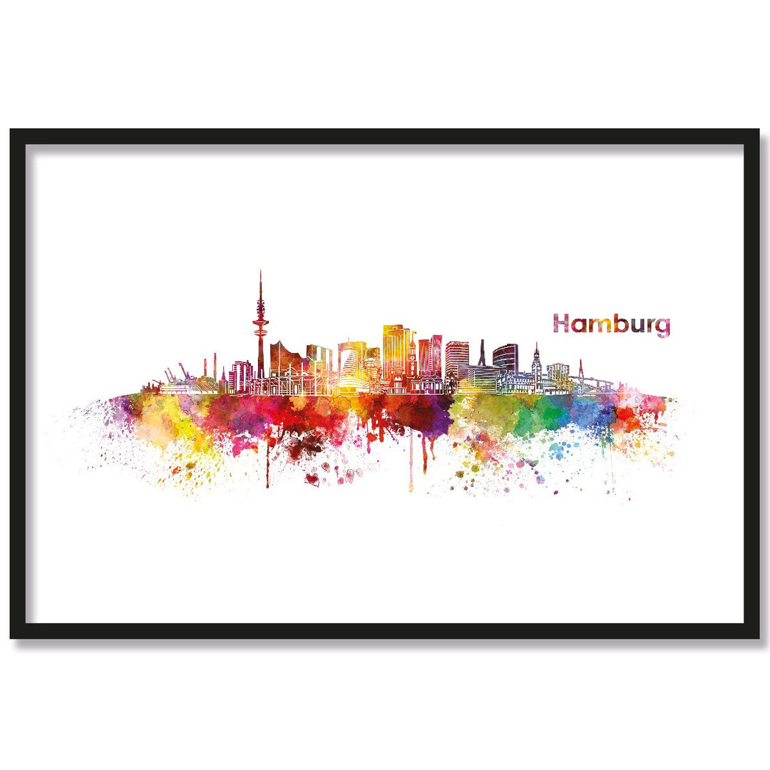 JUNIWORDS Poster mit/ohne Holzrahmen, Wähle ein Motiv, Aquarell Skyline Hamburg, Wähle eine Grösse,