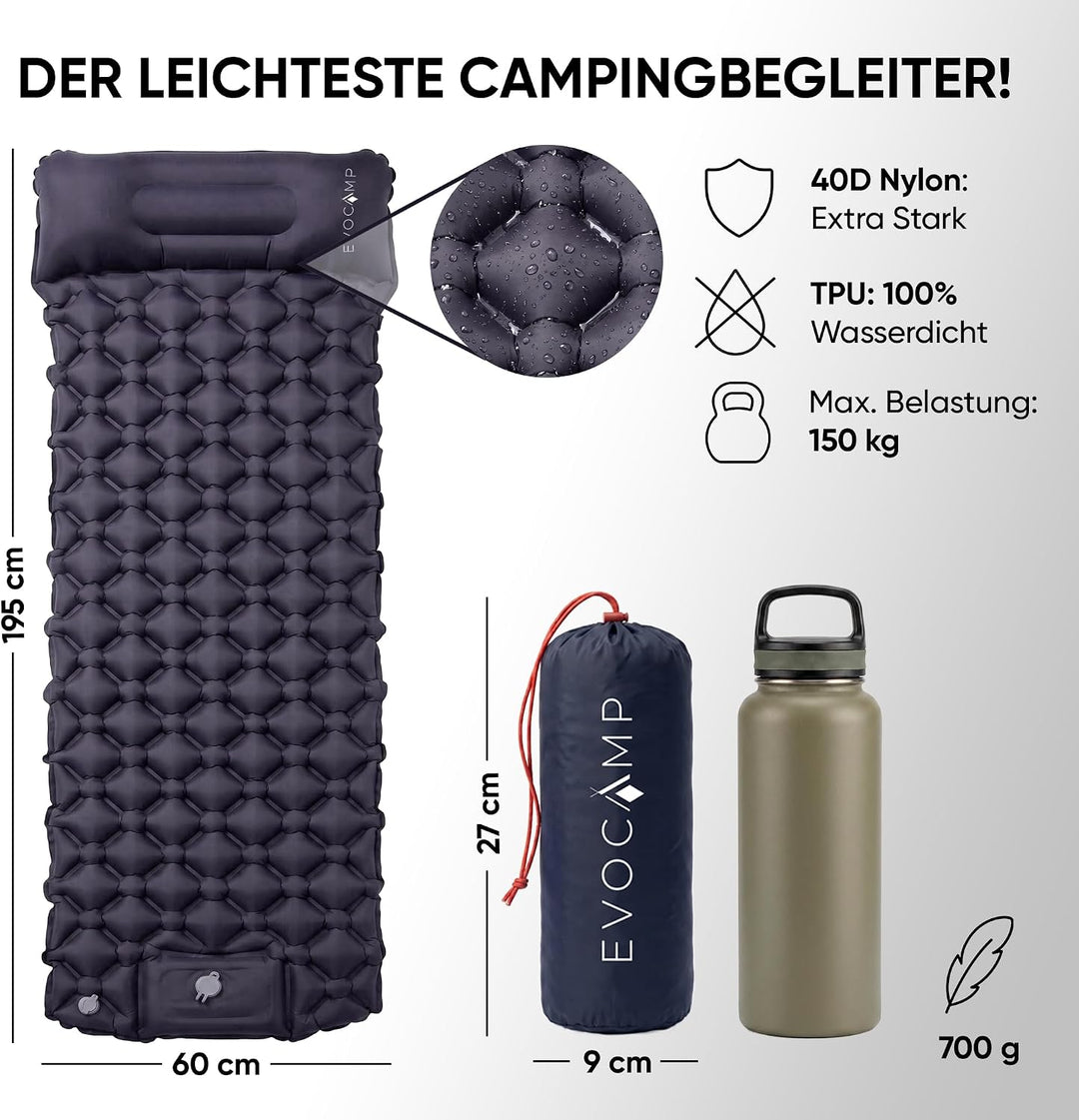 EVOCAMP Isomatte selbstaufblasend Ultraleicht, Camping Matratze, 195x60, mit integrierter Fusspumpe