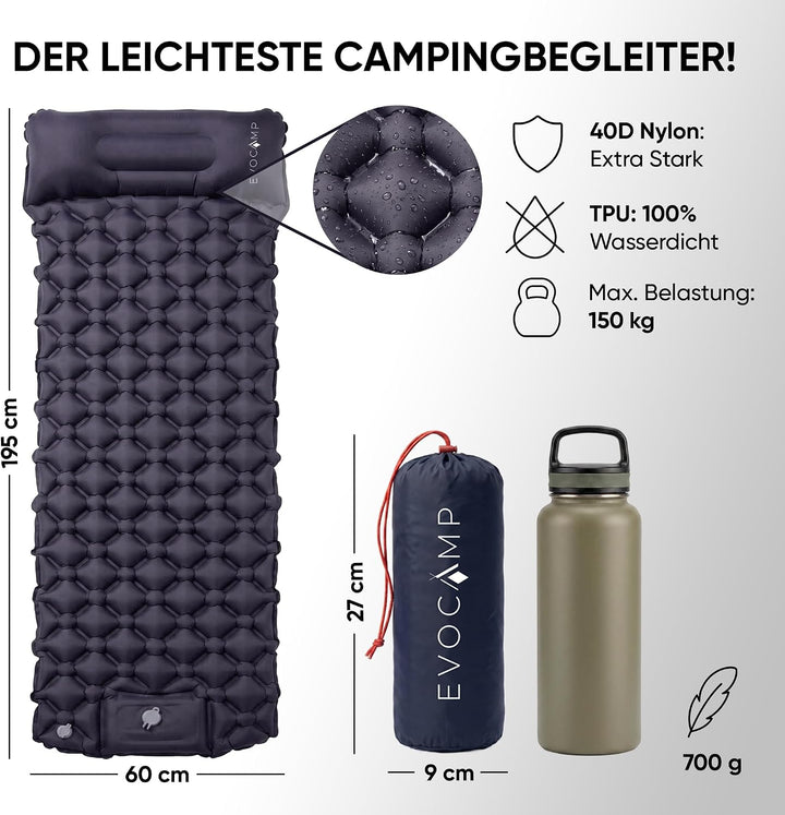 EVOCAMP Isomatte selbstaufblasend Ultraleicht, Camping Matratze, 195x60, mit integrierter Fusspumpe