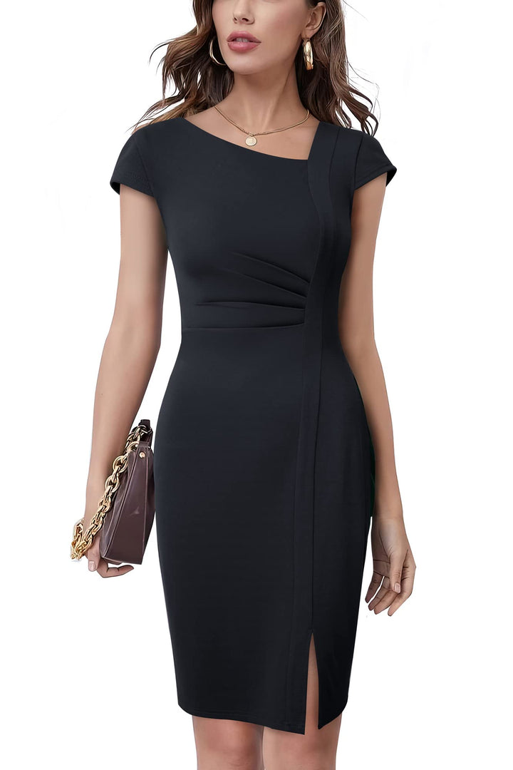 HOMEYEE Damen Vintage V-Ausschnitt Bodycon Business Bleistiftkleid mit Schlitz B700 L Schwarz, L Sch