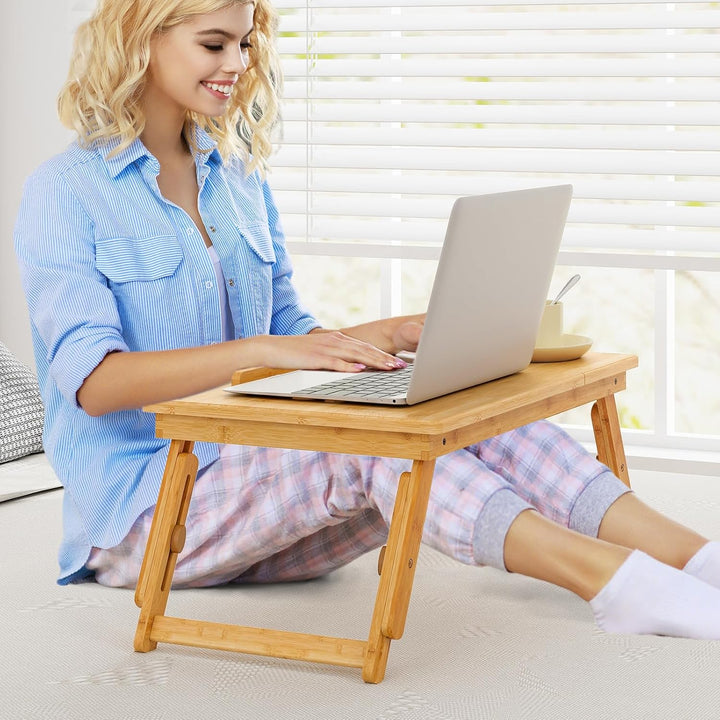 LIFEZEAL Laptoptisch Bambus fürs Bett, Höhenverstellbarer &amp; Klappbarer Betttisch, Tragbarer Betttabl