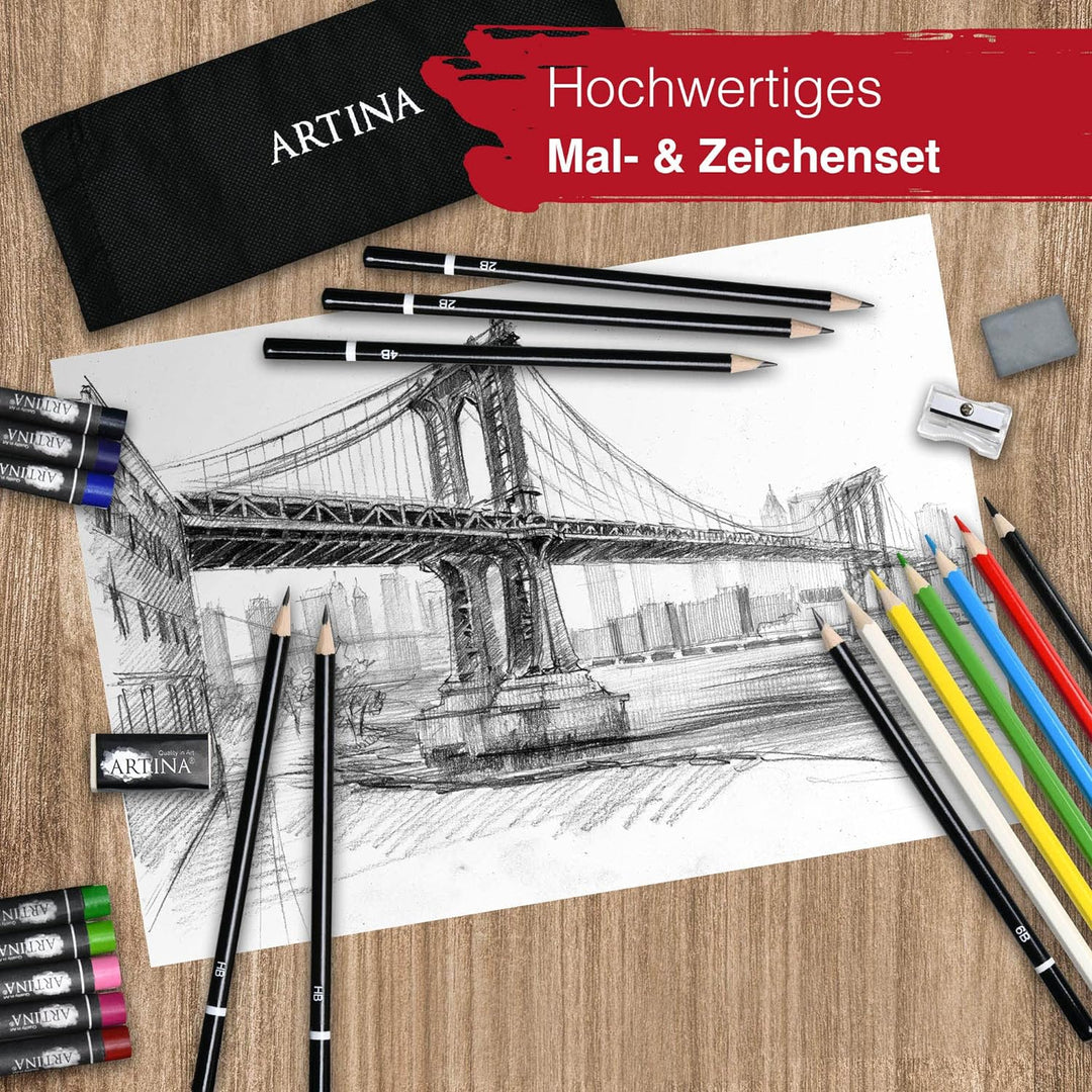 Artina 122tlg XXL Malset mit Staffelei Michelangelo – Künstler Set Acryl &amp; Zeichenset – Buntstifte,