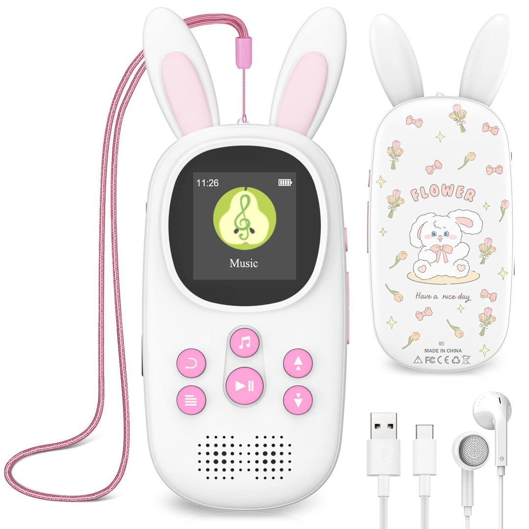 16GB Bluetooth MP3 Player , Niedlicher Hase Kinder Musik Player mit Kopfhörer & Lautsprecher, mit FM