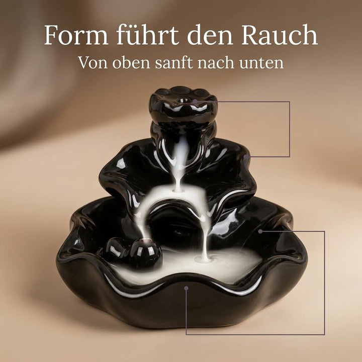 MIJOMA Rückfluss Räucherkegelhalter aus Schwarzer Keramik, Wasserfall-Räucherkegelhalter, Weihrauchb