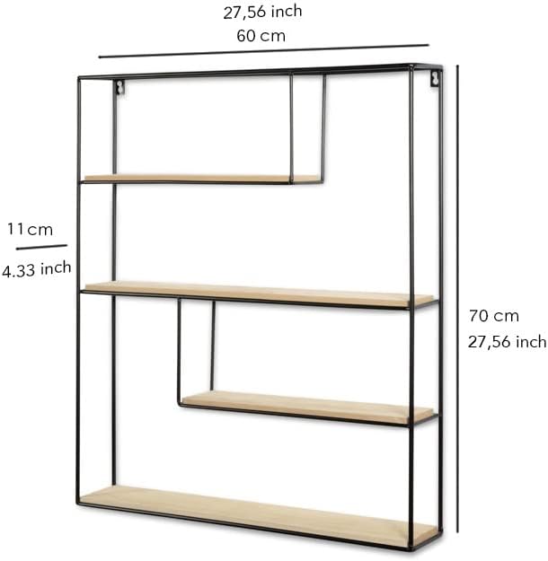 LIFA LIVING Wandregal aus MDF Holz & schwarzem Metall mit 4 Böden, Vintage Schweberegal im Naturstil