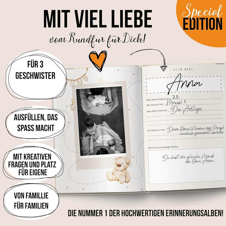 Erinnerungsalbum für Drillinge – Boho Babyalbum DIN A4 | 64 Seiten | Hardcover in Beige & Braun | Ge