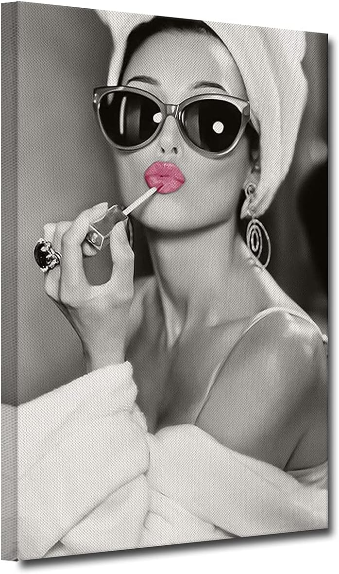 ZHONGYUTONG Audrey Hepburn Leinwandbild mit Rahmen Rosa Lippenstift Wand Gemälde Schwarz Weiss Kunst