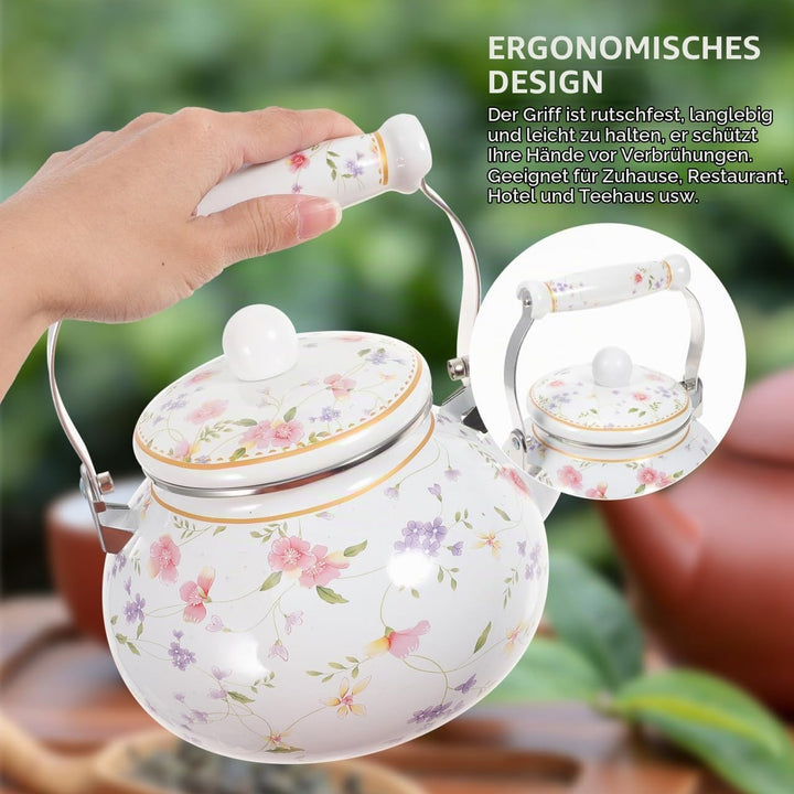 Vaguelly Wasserkessel Emaille Retro, 2500ml Teekanne Nostalgie Wasserkocher mit hitzbeständigem Kera