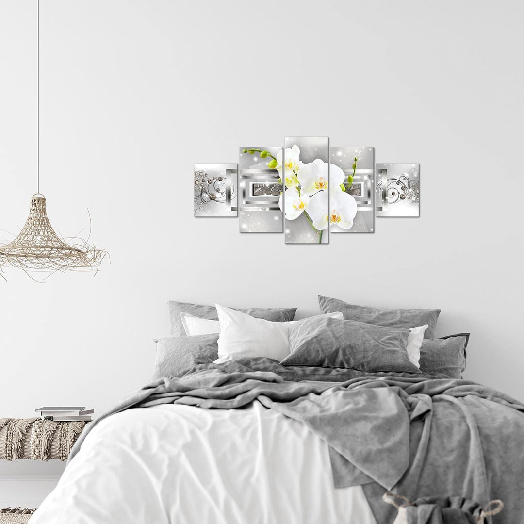 Runa Art Wandbilder Blumen Orchidee 5 Teilig Bild auf Vlies Leinwand Deko Wohnzimmer Ornament Silber
