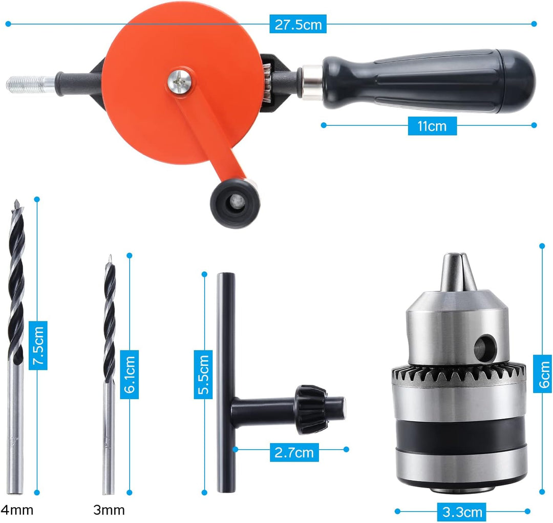 WiMas Handbohrmaschine Manueller Kurbelbohrer 3/8 Zoll (1.5mm-10mm) Doppelritzeln Handbohrer Spannfu
