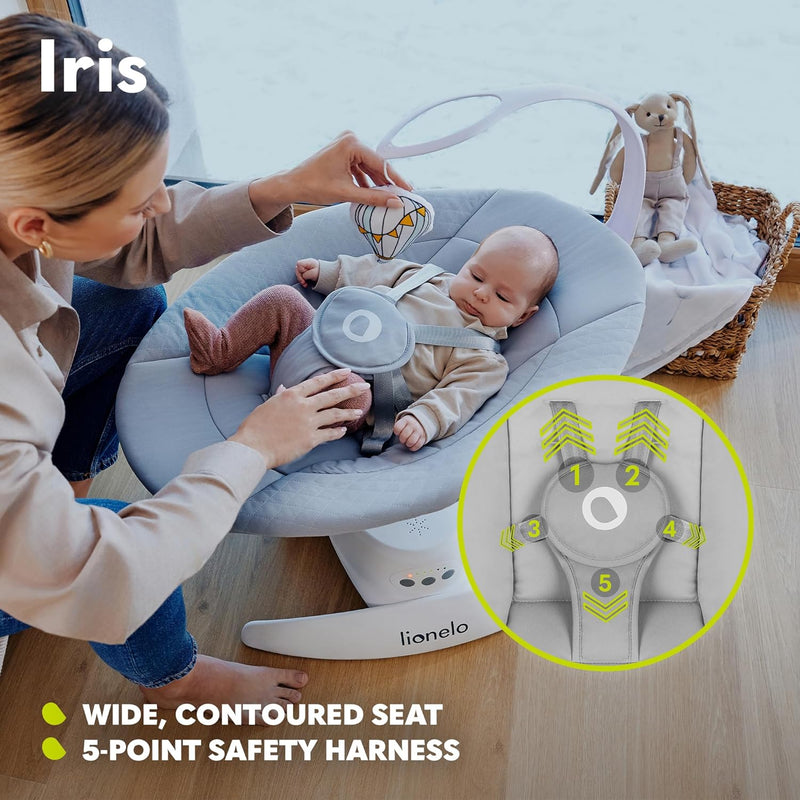 LIONELO Iris Elektrisch Babywippe 360o drehbar für Babys bis zu 9 kg Verstellbare Rückenlehne, 5 Wie