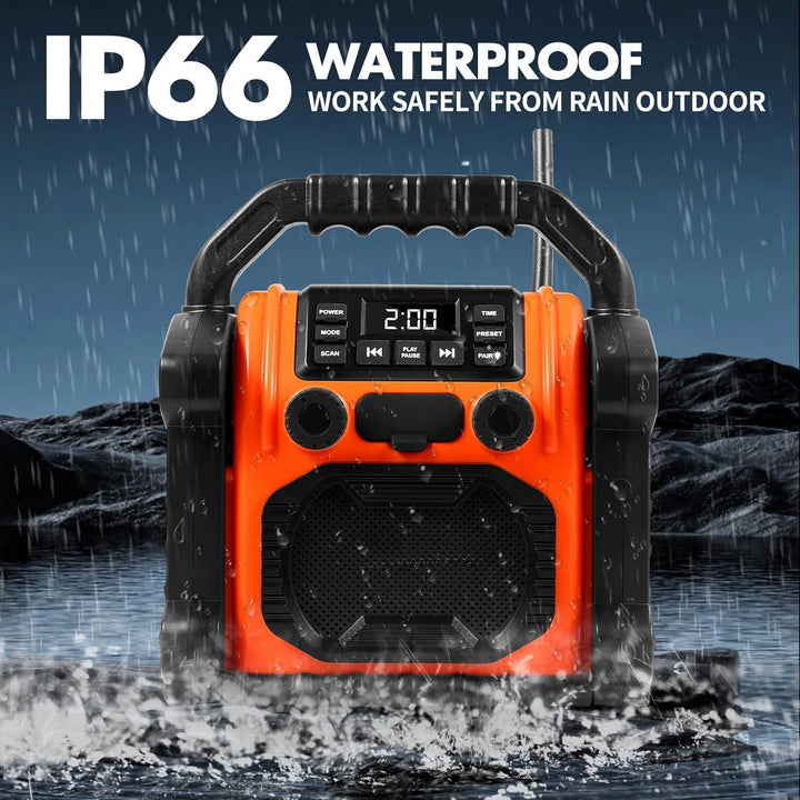 Jobsite Radio Bluetooth Speaker, 30W IPX 66 wasserdichter FM-Rundfunkuhr mit LED-Lichtern, Anti-Koll